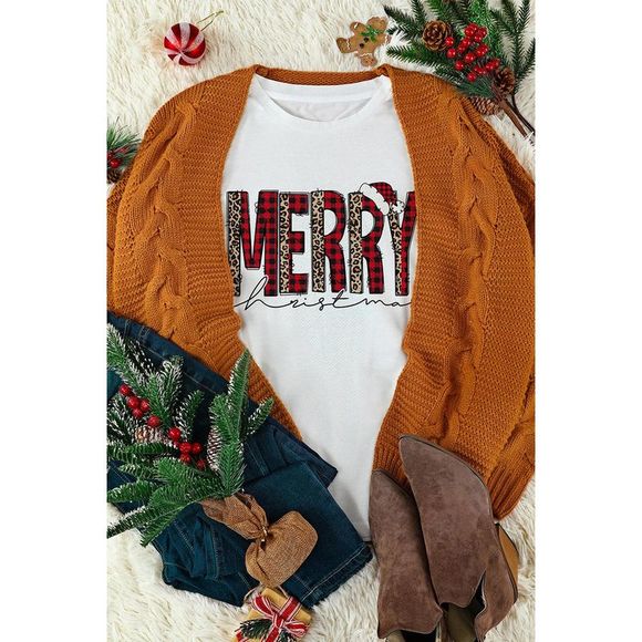 Azura Exchange  White Plaid Leopard MERRY Christmas Print T Shirt - Picture 8 of 15